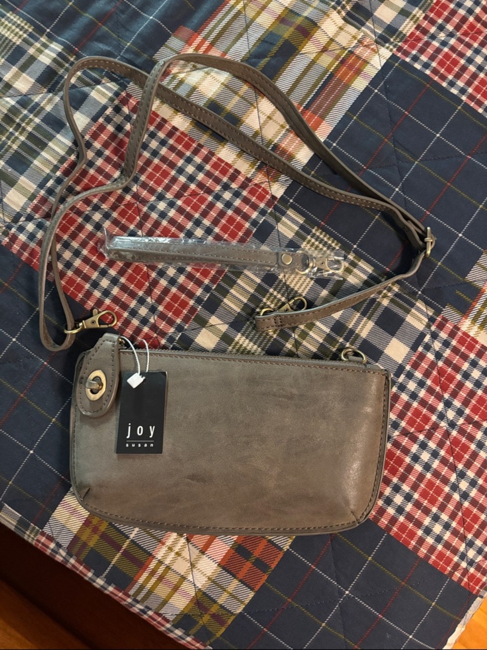 Joy Susan Taupe Crossbody Wristlet with Adjustable Strap